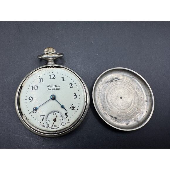 Vintage Westclox Ben Pocket Watch USA Silver Tone White Dial Manual Wind Up - Picture 1 of 9